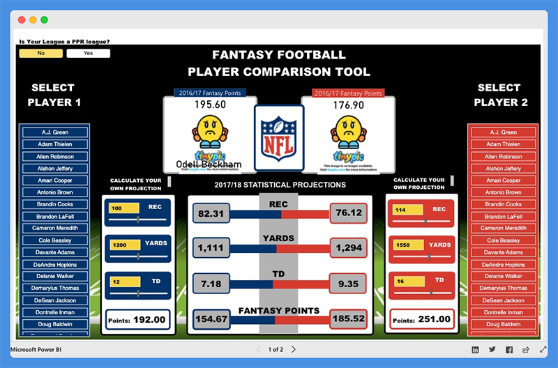 Another one of Power BI Dashboard Examples For NFL Sports Player Comparison